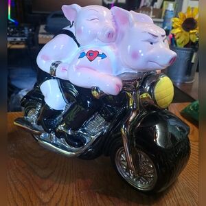 Retro Ceramic "Biker Hogs" By Clay Art 1999 Cookie Jar - Black and Pink